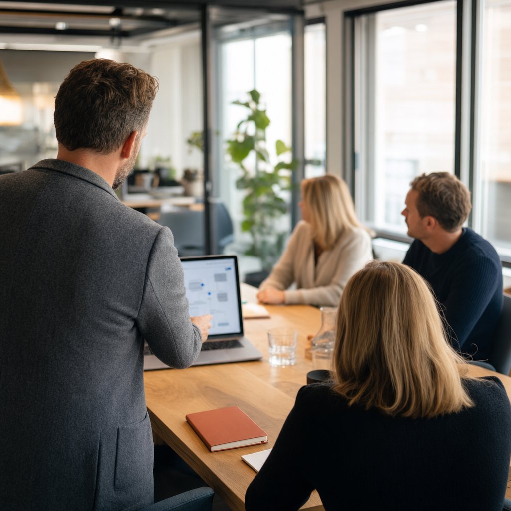 Führungskraft zeigt dem Team am Laptop einen KI-Workflow